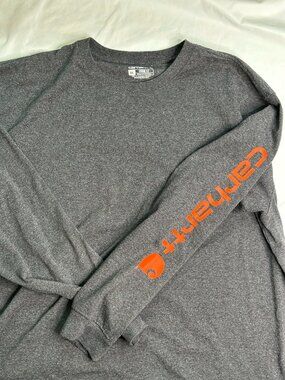 Carhartt Mens 2XL Loose Fit Long Sleeve Shirt Crew Neck Arm Spellout Grey